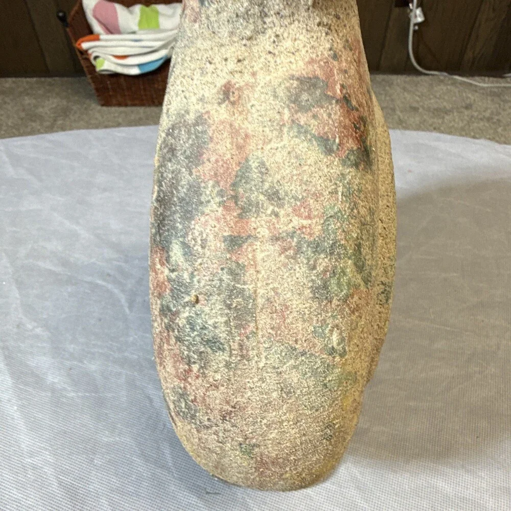 Mexico Art Pottery Textured Clay Vase Beige Red Green Impressed Backstamp